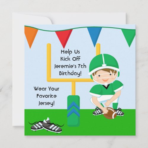Custom Boy in Green Football Birthday Invitation