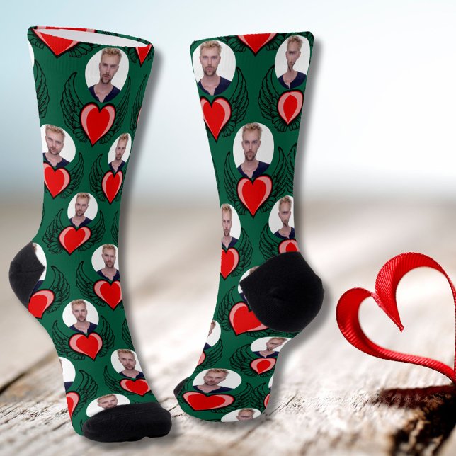 Custom Boyfriend Photo Red Winged Heart Valentine Socks (Creator Uploaded)