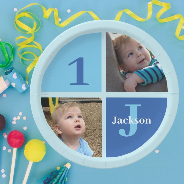 Custom Boys 1st Birthday Photo Blue Birthday Party Paper Plates (Creator Uploaded)