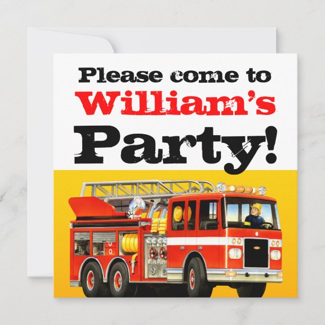Custom Boy's 2nd Birthday Fire Truck Party Invitation (Front)