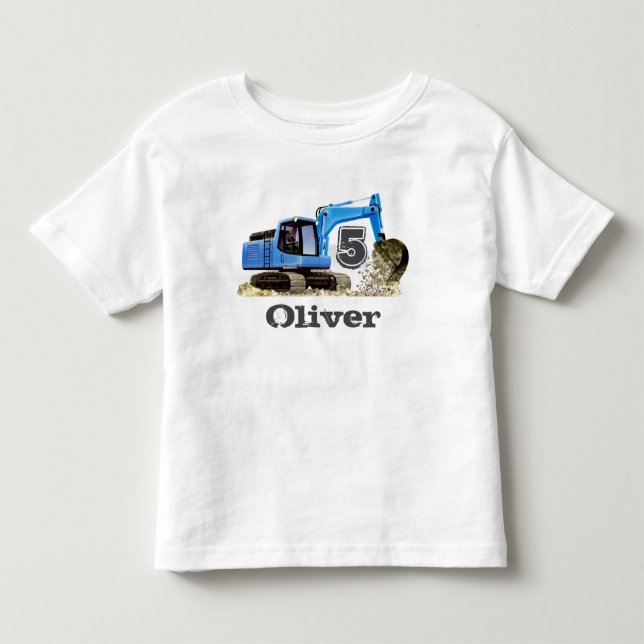 Custom Boy's 5th Birthday Blue Digger Excavator Toddler T-shirt (Front)