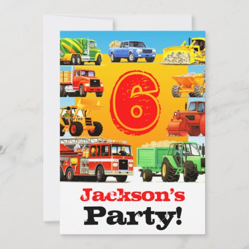 Custom Boys 6th Birthday Construction Truck Party Invitation