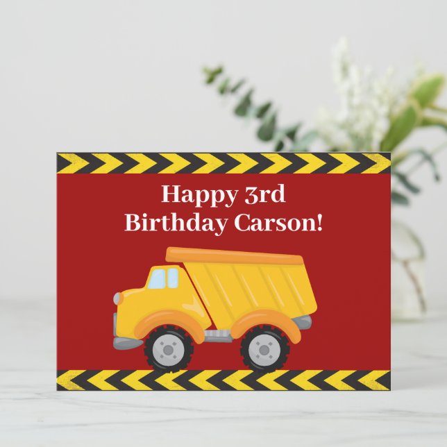 Custom Boys Dump Truck Red Kids Birthday Card (Standing Front)