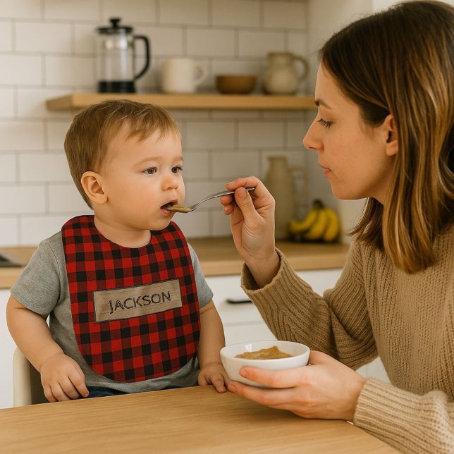 Custom Boys Name Red Black Buffalo Plaid Baby Bib (Creator Uploaded)