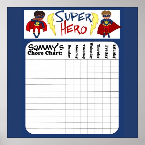 Custom Boys Superhero Chore Chart Poster