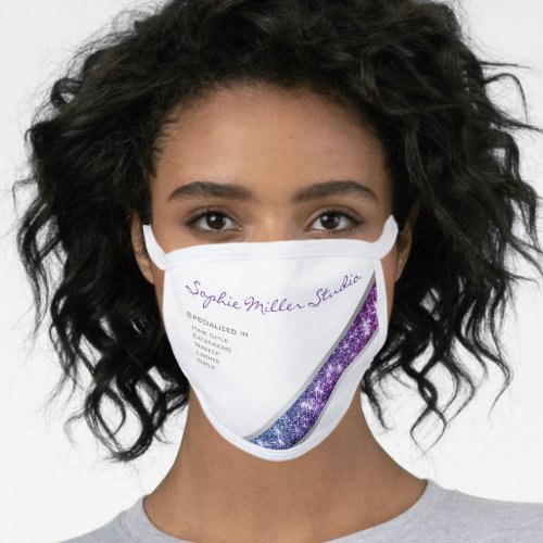 Custom Brand or Name White Purple Glitter Business Face Mask