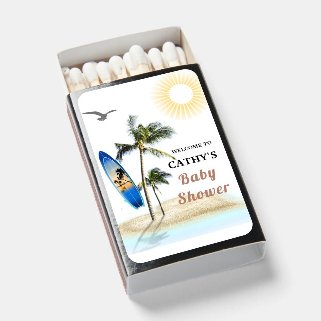 Custom Branded Beach Surf Baby Shower Welcome  Matchboxes (Front Open)