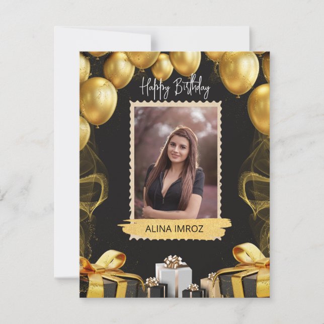 Custom Branded Black Gold Luxury Happy Birthday  Holiday Card (Front)