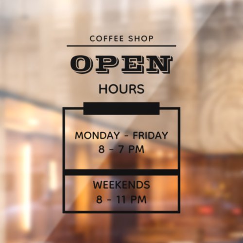 Custom Branded Black Simple Coffee Shop Open Hours Window Cling