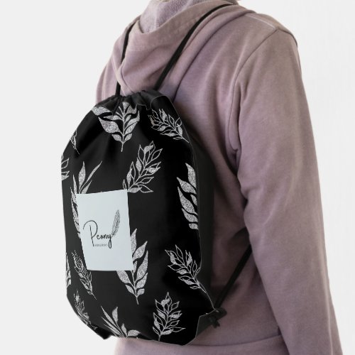 Custom Branded Black White Floral Drawstring Bag