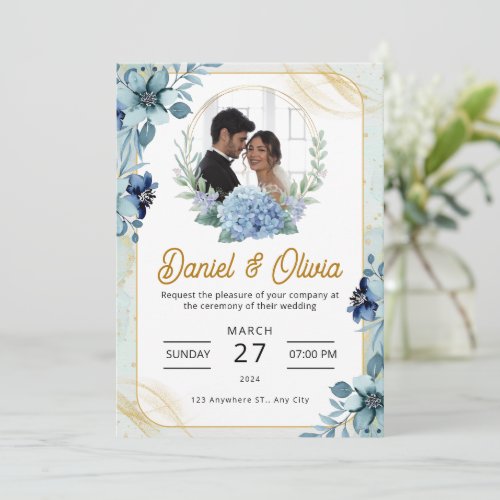 Custom Branded Blue and White Floral Wedding  Invitation