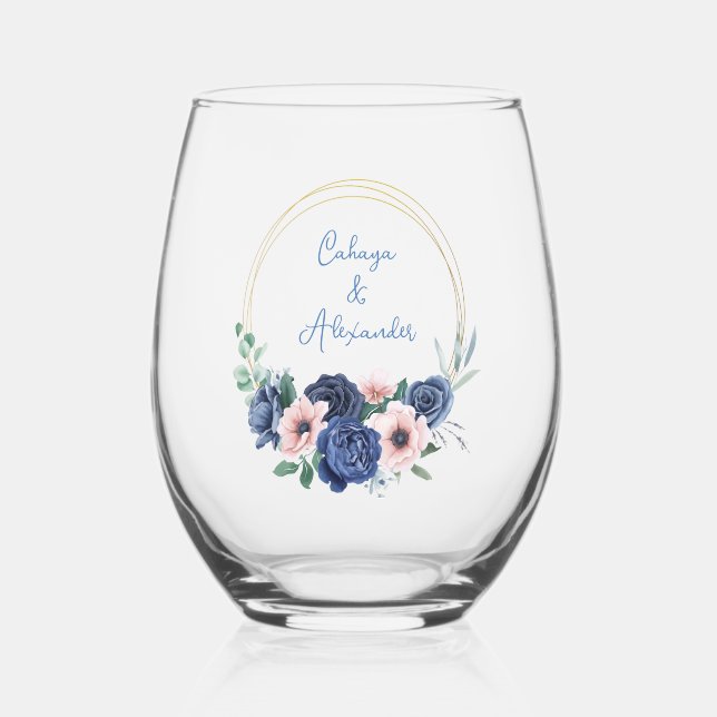 Custom Branded Blue Floral Wedding  Stemless Wine Glass (Front)