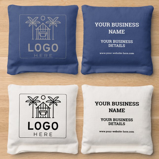 Custom Branded | Blue & White Business Logo  Cornhole Bags (Wood)