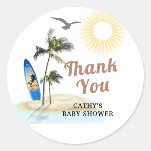 Custom Branded Board Beach Baby Shower Thank you  Classic Round Sticker