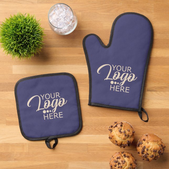 Custom Branded Business with Logo Navy Blue Oven Mitt & Pot Holder Set (Top Down)