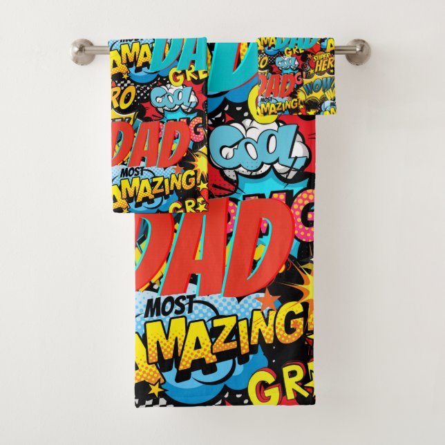 Custom Branded DAD Gift - Comic Superhero Fun Name Bath Towel Set (Insitu)
