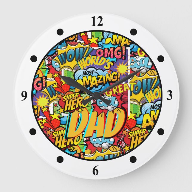Custom Branded DAD Gift - Comic Superhero Fun Name Large Clock (Front)