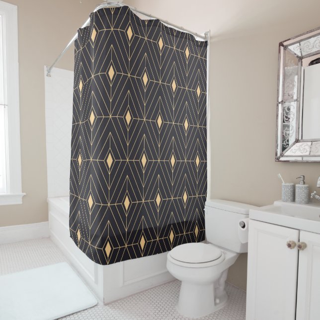 Custom Branded Elegant Black & Gold Patterns Shower Curtain (In Situ)