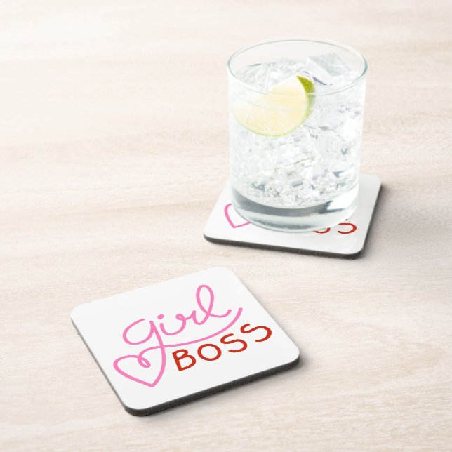 Custom Branded Girl Boss Pink Red Hearts  Beverage Coaster (Right Side)