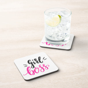 Custom Branded Girl Boss Typography Pink Black Beverage Coaster
