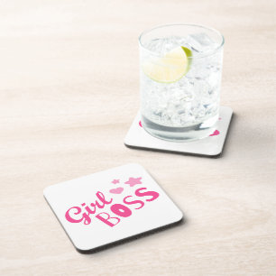 Custom Branded Girl Boss Typography Pink Black Beverage Coaster