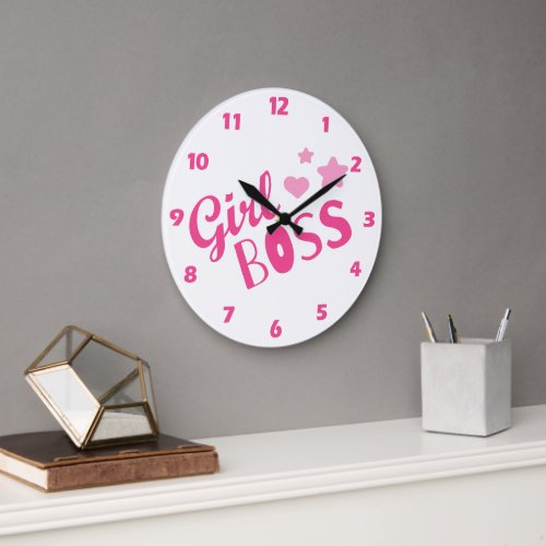 Custom Branded Girl Boss Typography Pink Hearts Large Clock