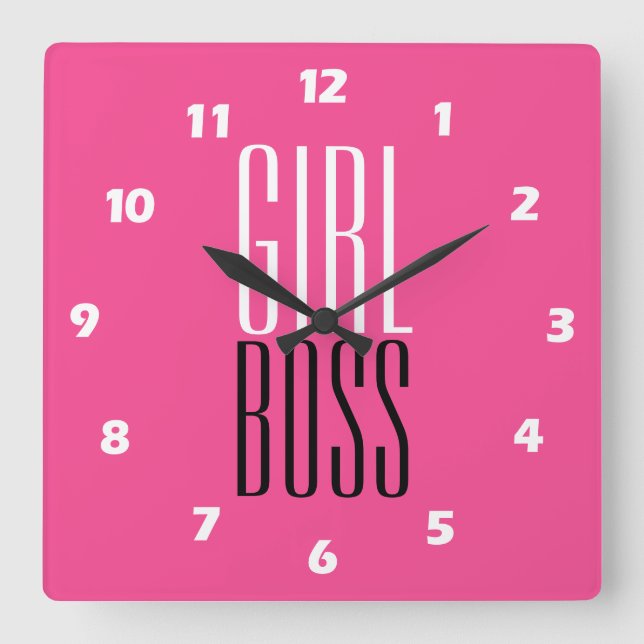 Custom Branded Girl Boss White Black Hot Pink Square Wall Clock (Front)