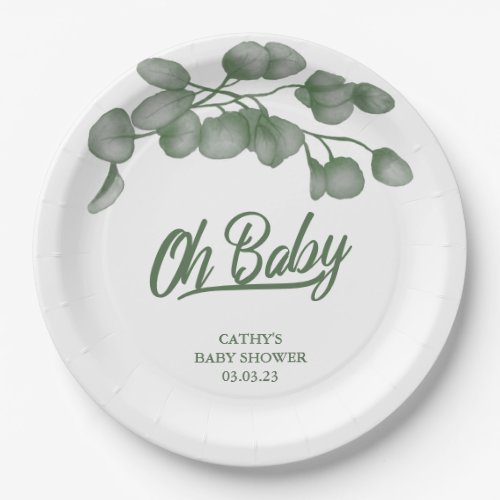 Custom Branded Greenery Oh Baby  Baby Shower  Paper Plates