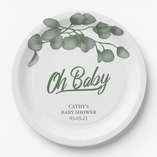 Custom Branded Greenery Oh Baby | Baby Shower  Paper Plates (Front)