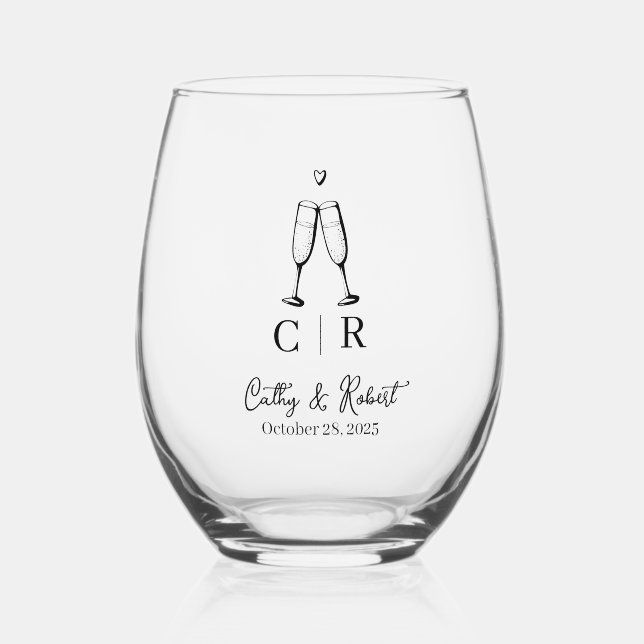 Custom Branded Minimal and Chic | Wedding  Stemless Wine Glass (Front)