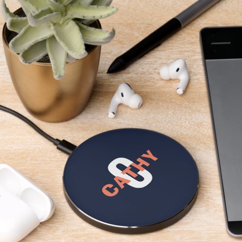 Custom Branded  Monogram Initial Name Navy Blue Wireless Charger