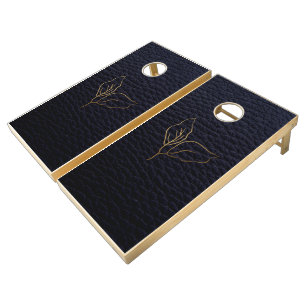 Custom Branded Natural Wood Modern Black Leather Cornhole Set