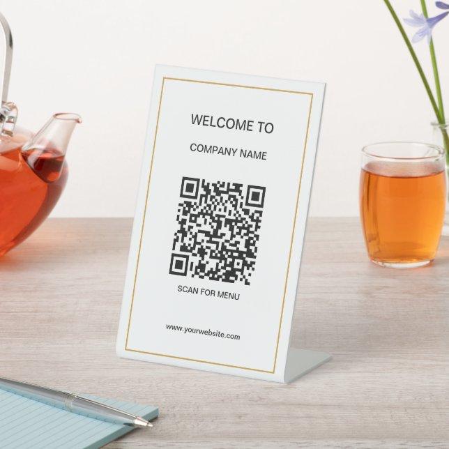 Custom Branded QR Code Text Modern White Business  Pedestal Sign (In SItu)