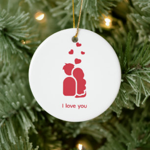 Custom Branded Red White Simple Couple and Heart Ceramic Ornament