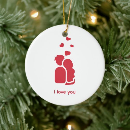 Custom Branded Red White Simple Couple and Heart  Ceramic Ornament