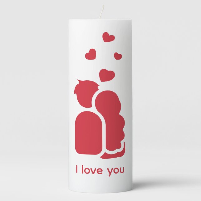 Custom Branded Red White Simple Couple and Heart  Pillar Candle (Front)