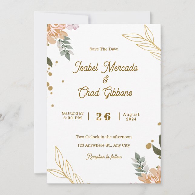 Custom Branded White And Gold Floral Wedding  Invitation (Front)