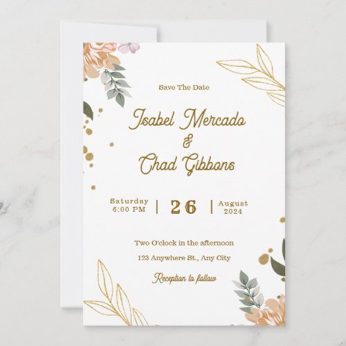 Custom Branded White And Gold Floral Wedding  Invitation
