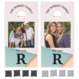 Custom Branded Wood Family Name Monogram Photo Cornhole Set