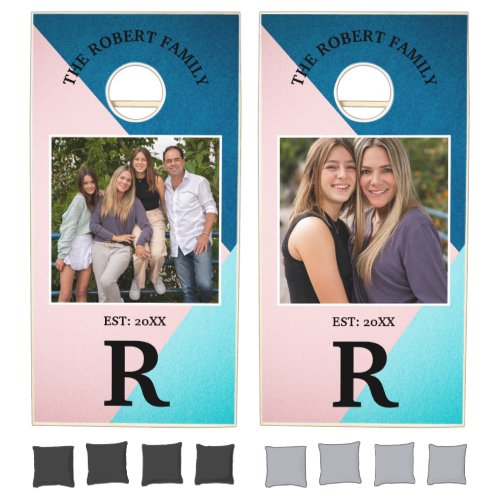 Custom Branded Wood Family Name Monogram Photo  Cornhole Set