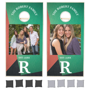 Custom Branded Wood Family Name Monogram Photo  Cornhole Set