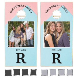 Custom Branded Wood Family Name Monogram Photo Cornhole Set