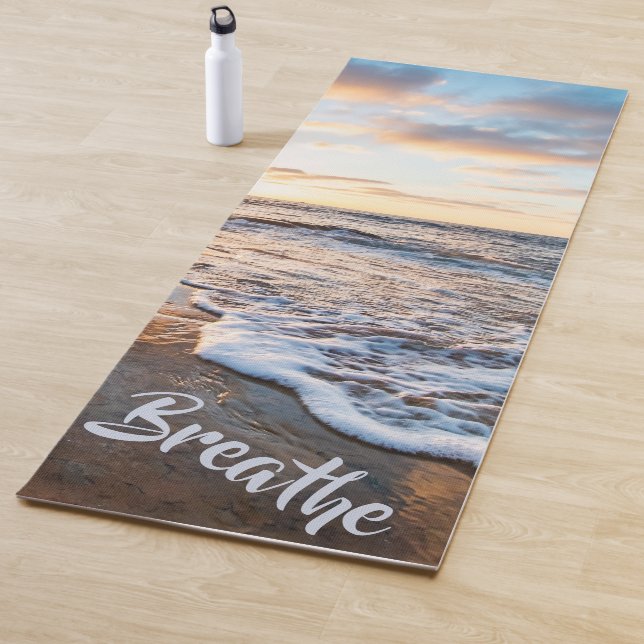 Custom Breathe Mantra Ocean Waves Sunset Beach Yoga Mat (In Situ)
