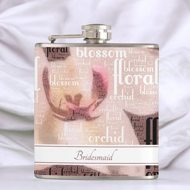 Custom Bridal Party Rose Gold Orchid Floral Flask (Flask front with template text)