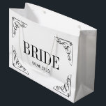 Custom bridal party wedding gift bag for bride<br><div class="desc">Custom bridal party wedding gift bag for bride. Add your own party favors and goodies. Small, medium and big sizes. Customizable stringed bags with date of marriage. Add your own name optionally. Black and white or customizable colors. Elegant typography template with swirly border corner graphics. Create beautiful bags for just...</div>