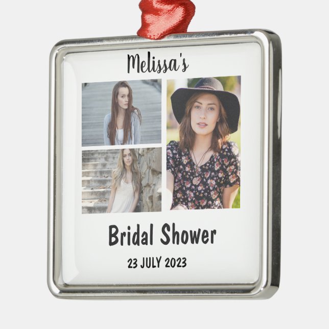 Custom Bridal  Shower 3 Photo Collage Metal Ornament (Left)