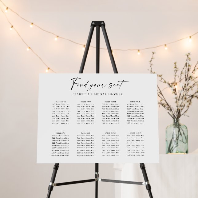 Custom Bridal Shower 8 Table Seating Chart White Foam Board (In Situ (Stand))