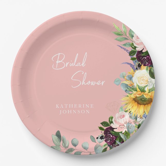 Custom Bridal Shower Blush Floral Sunflower  Paper Plates (Front)