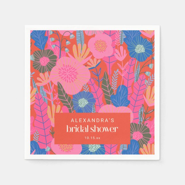 Custom Bridal Shower Boho Floral Pink Red Stylish Napkins (Front)