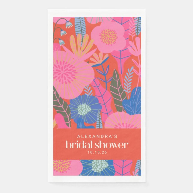 Custom Bridal Shower Bold Floral Pink Red Stylish Paper Guest Towels (Front)